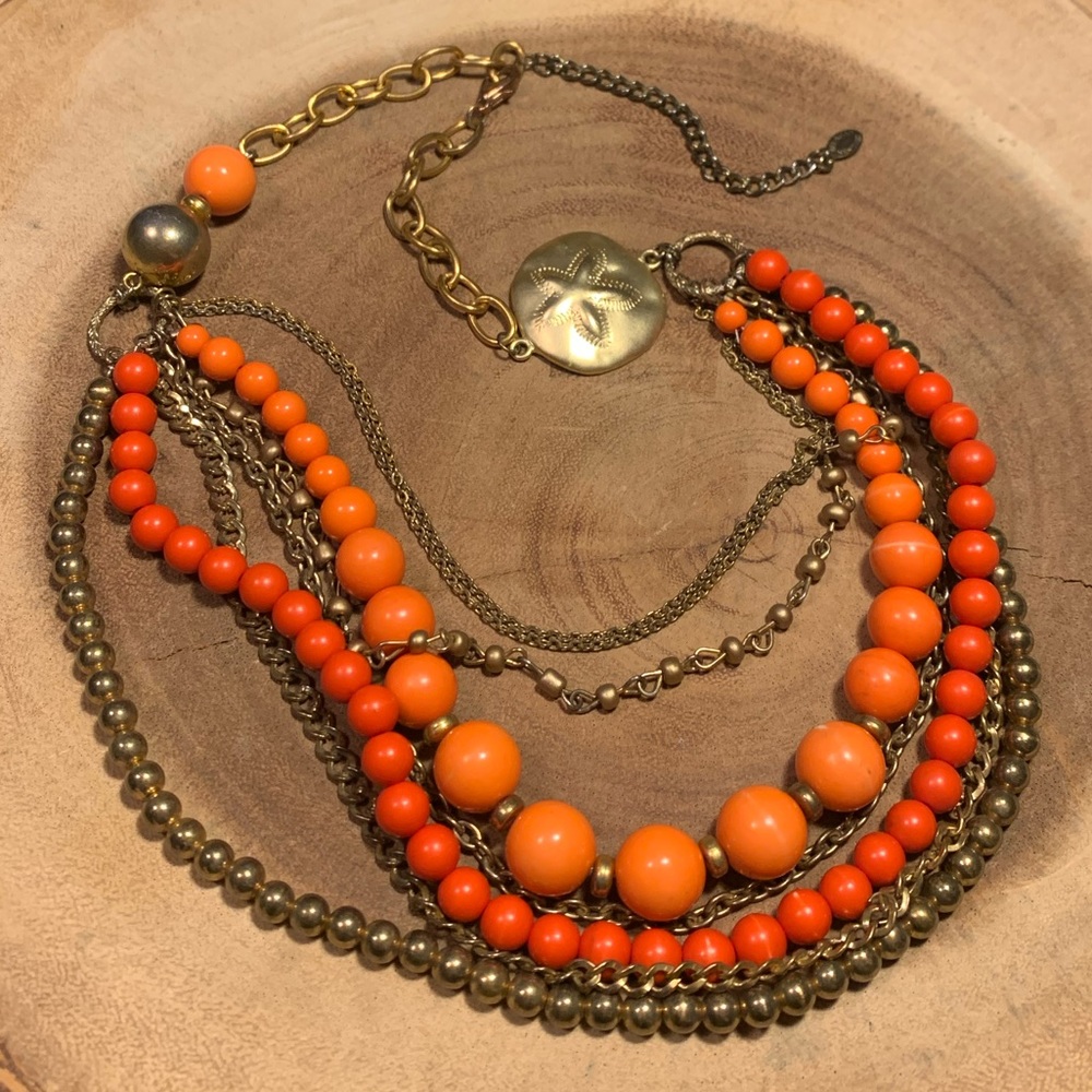Ali Khan New York Gold Tone Necklace Orange Statement Necklace Sand Dollar